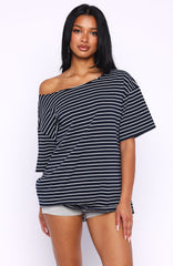 Give Me Options Off Shoulder Tee Navy/White Stripe