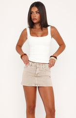 Peachy Keen Mid Rise Denim Mini Skirt Sesame