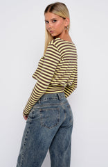 Catch My Heart Cinched Waist Long Sleeve Top Chocolate/Banana Stripe