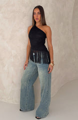 Even Better One Shoulder Fringe Top Black