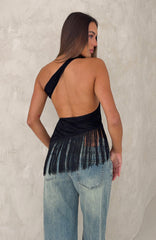 Even Better One Shoulder Fringe Top Black