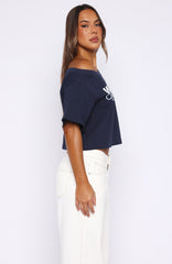 I've Got That Feeling Boxy Off Shoulder Tee Navy
