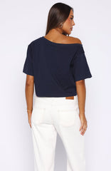I've Got That Feeling Boxy Off Shoulder Tee Navy