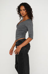 Little Bit Of Everything 3/4 Sleeve V Neck Top Charcoal Marle