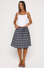 Make You Blush Midi Skirt Blue/Chocolate Check