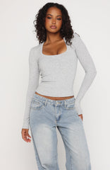 Serenade Her Ribbed Long Sleeve Top Light Grey Marle