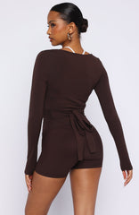 Staying Cute Long Sleeve Wrap Top Dark Chocolate