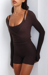 Staying Cute Long Sleeve Wrap Top Dark Chocolate