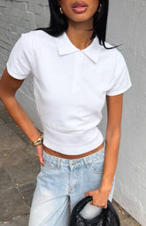 Sweet But Serious Cinched Waist Collared Top White