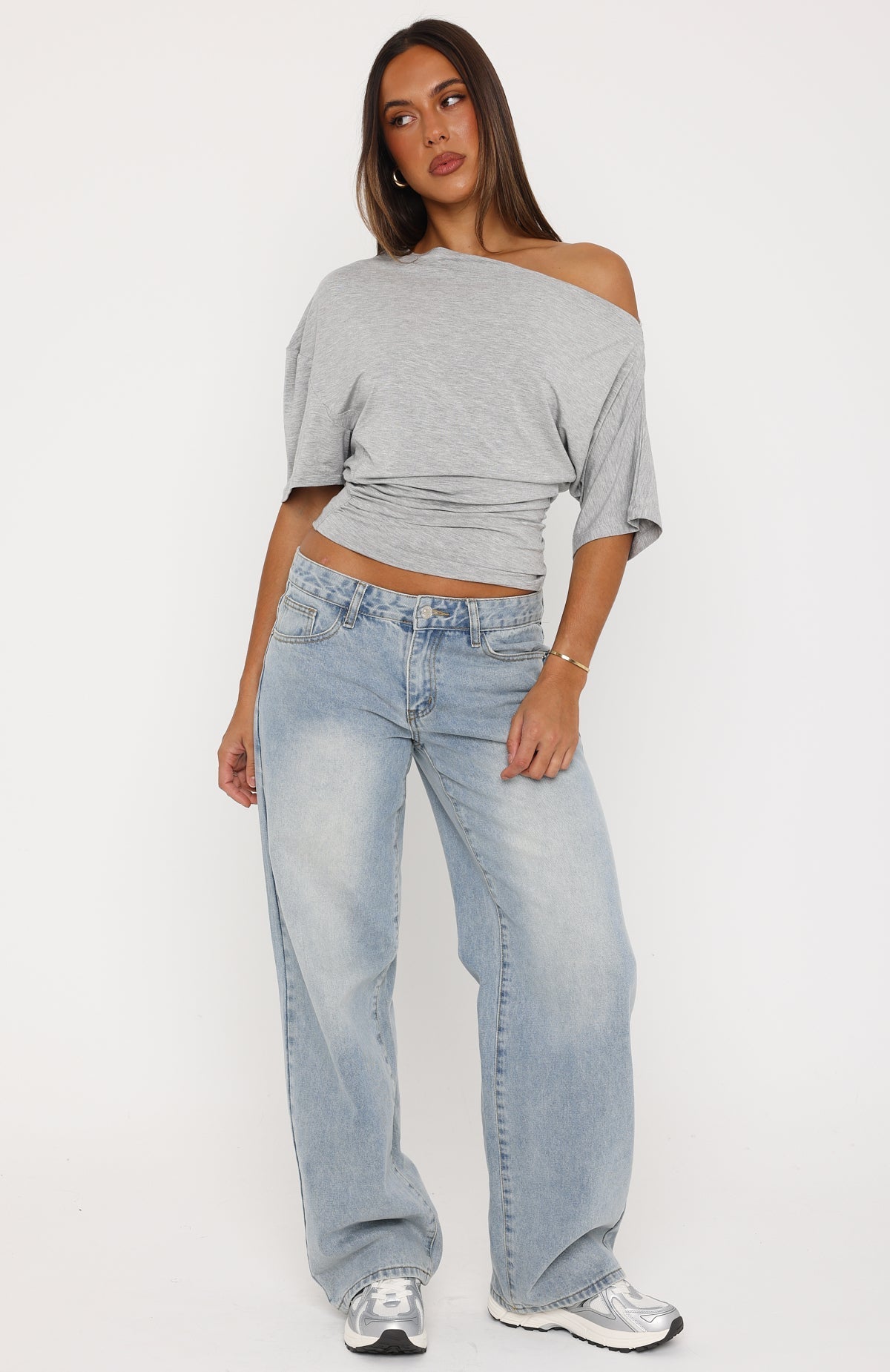 Hype Girl Cinched Waist Off Shoulder Top Grey Marle