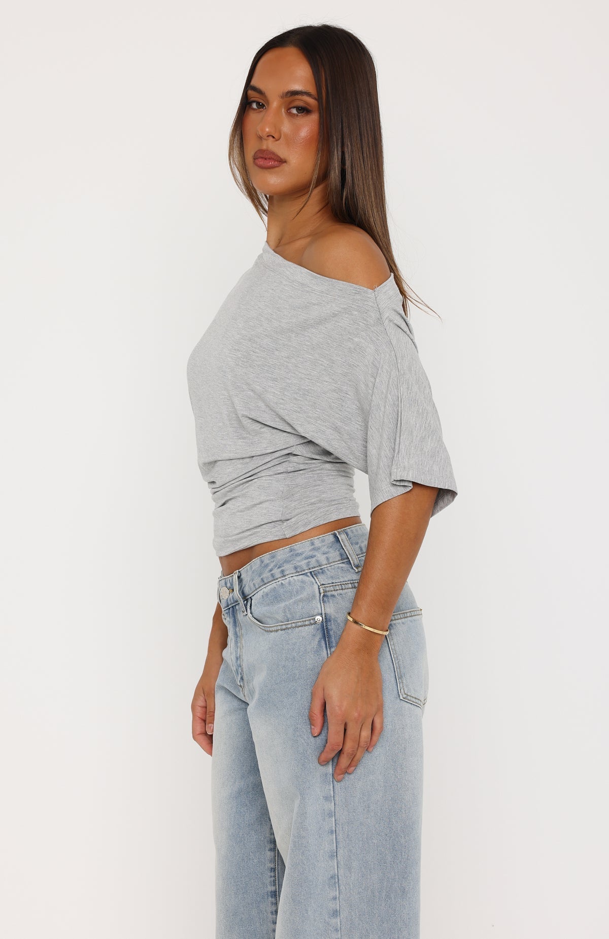 Hype Girl Cinched Waist Off Shoulder Top Grey Marle
