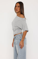 Hype Girl Cinched Waist Off Shoulder Top Grey Marle