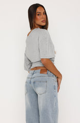 Hype Girl Cinched Waist Off Shoulder Top Grey Marle