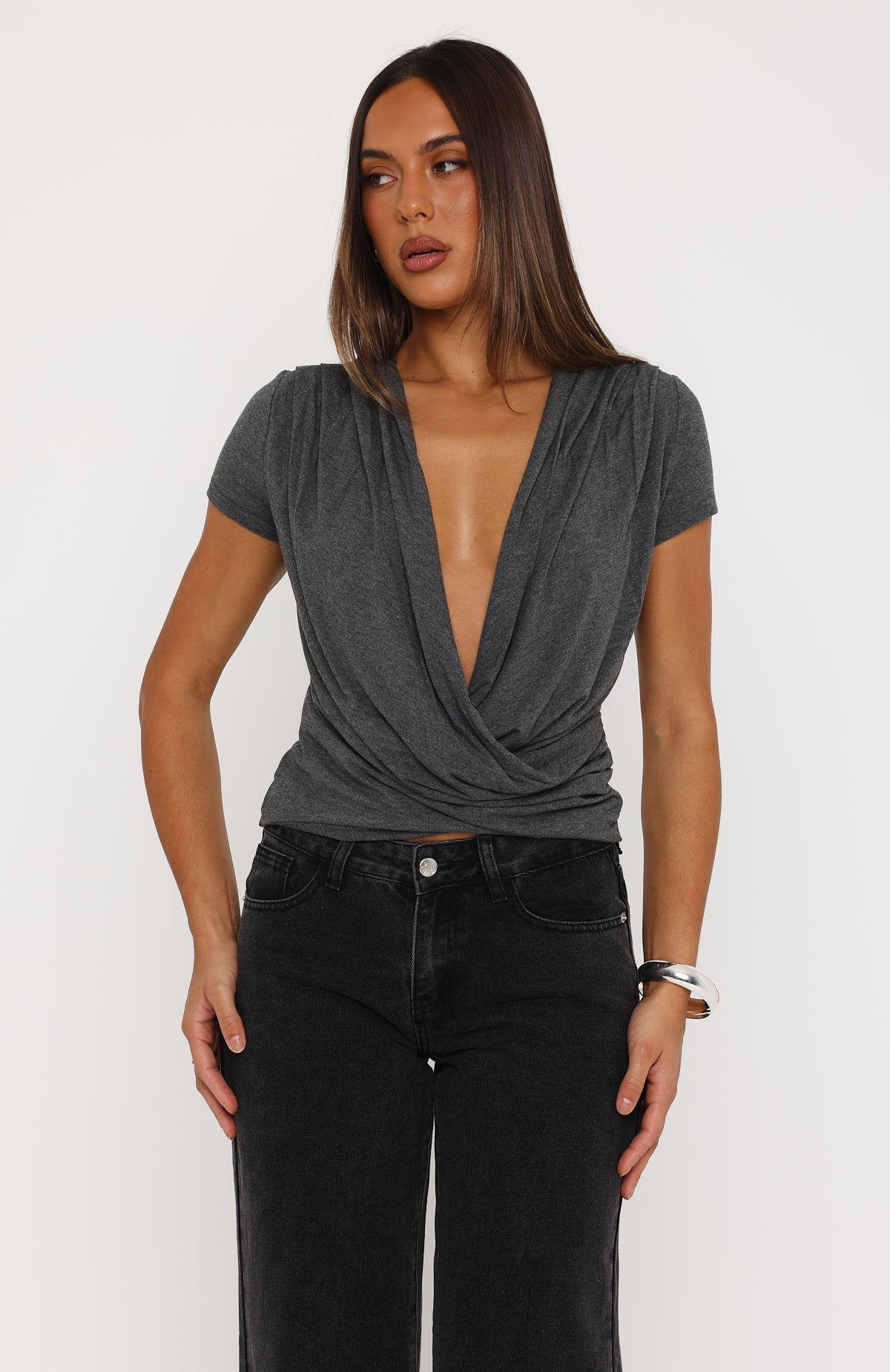 Almost Told You Short Sleeve Cowl Neck Top Charcoal Marle