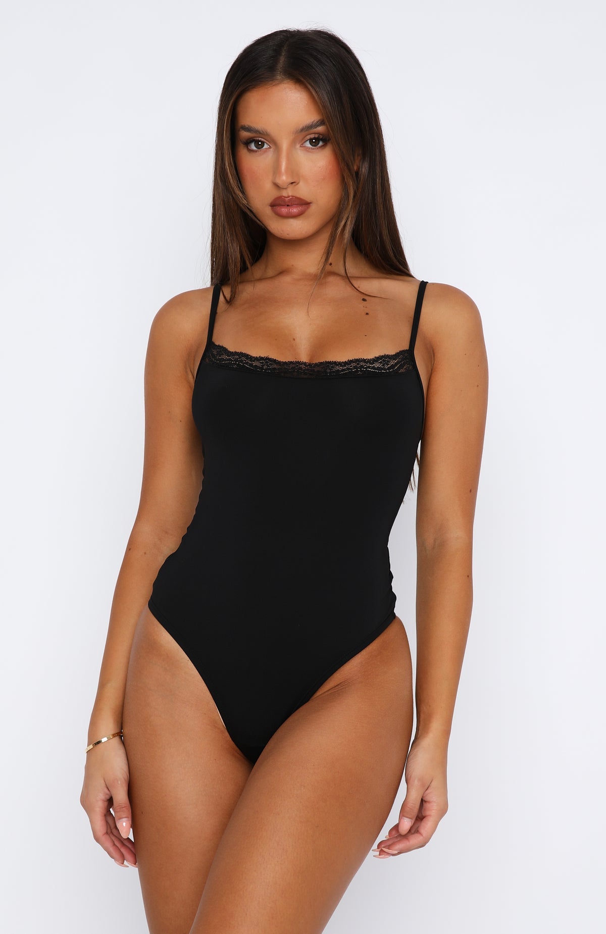 Clocked In Lace Trim Bodysuit  Black