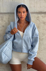 Quiet Hour Boxy Zip Front Hoodie Icy Blue