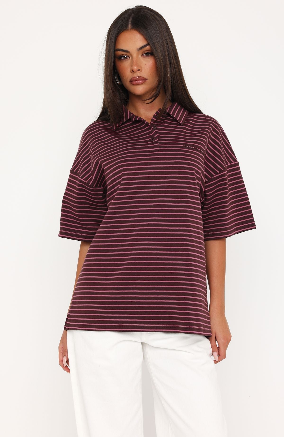 Pure Intent Oversized Short Sleeve Polo Shirt Choc / Pink Stripe
