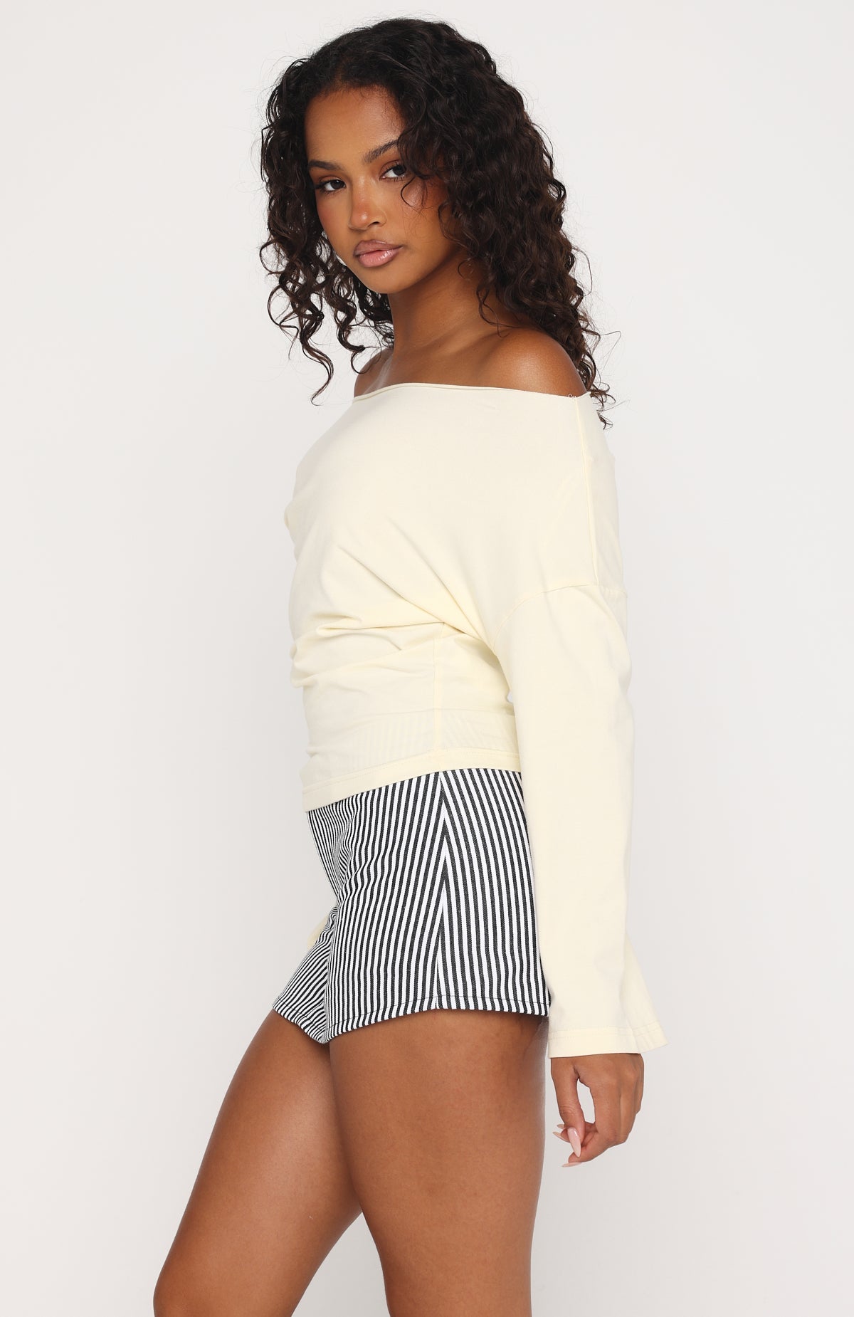 Falling For Him Cinched Waist Off Shoulder Long Sleeve Top Butter