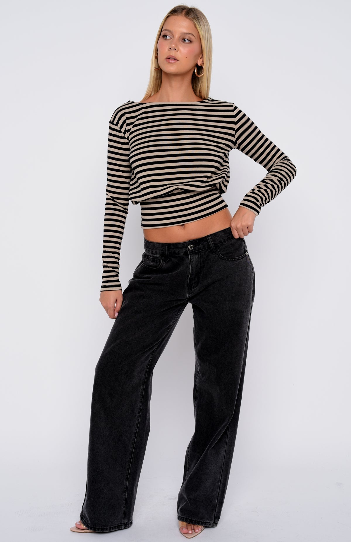 Catch My Heart Cinched Waist Long Sleeve Top Toffee/Black Stripe
