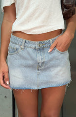 Broken Trust Mid Rise Denim Mini Skirt Light Blue