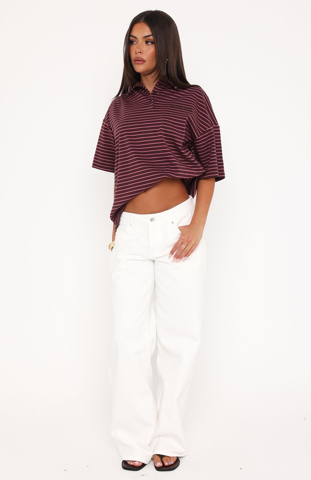 Pure Intent Oversized Short Sleeve Polo Shirt Choc / Pink Stripe