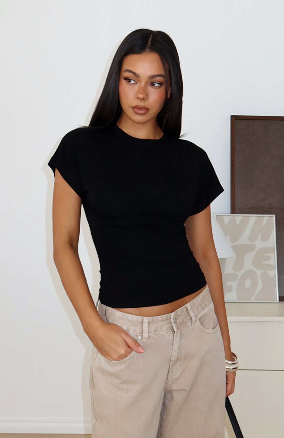 Never The Right Time Cinched Waist Short Sleeve Top Black