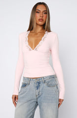 Knew That All Along Lace Trim Long Sleeve Top Baby Pink