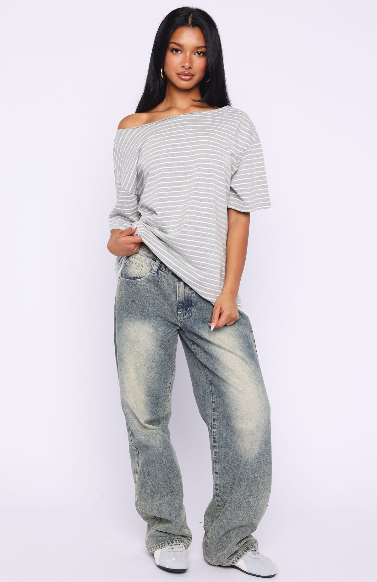Give Me Options Off Shoulder Tee Grey/White Stripe