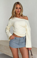 Falling For Him Cinched Waist Off Shoulder Long Sleeve Top Butter