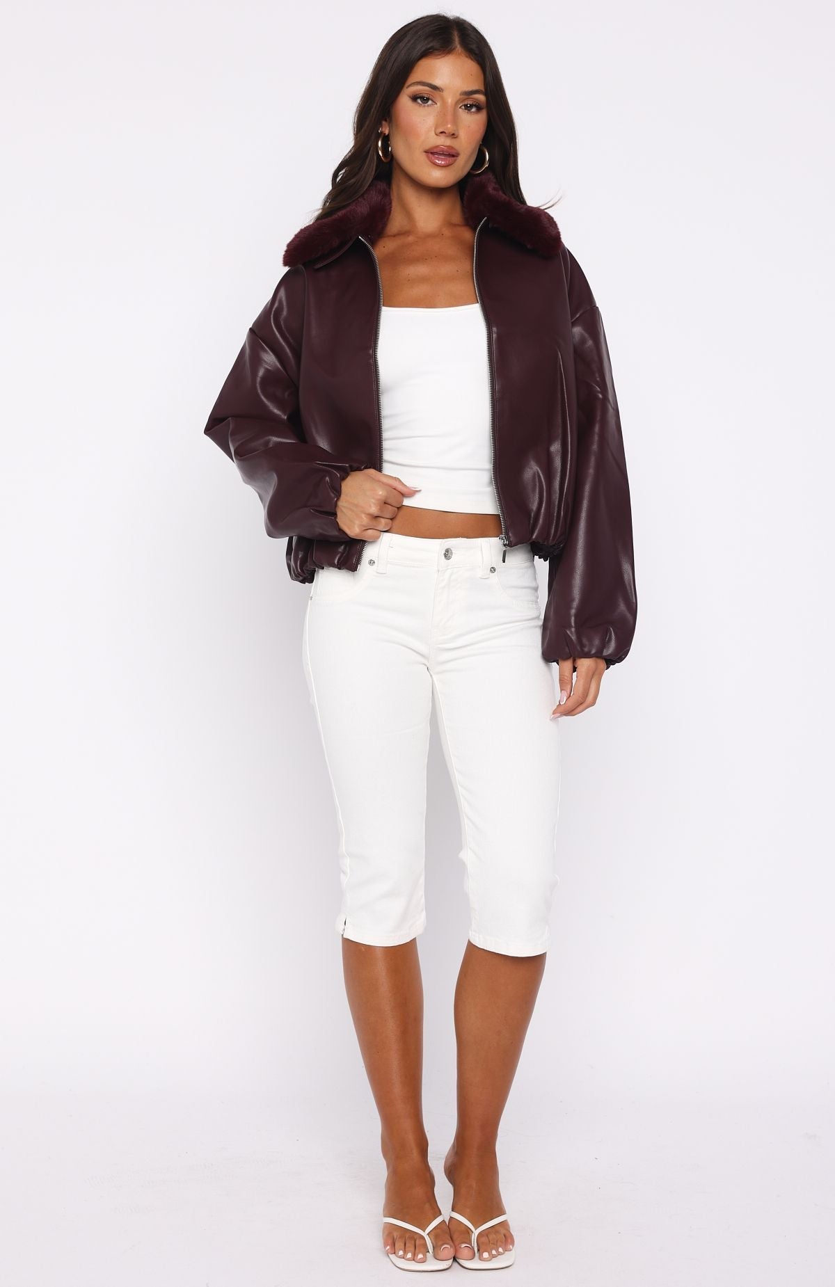 No Competition PU Bomber Jacket Burgundy