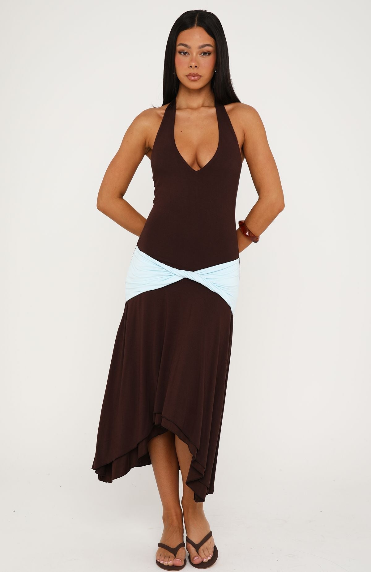 Simple Sweet Midi Dress Chocolate/Baby Blue