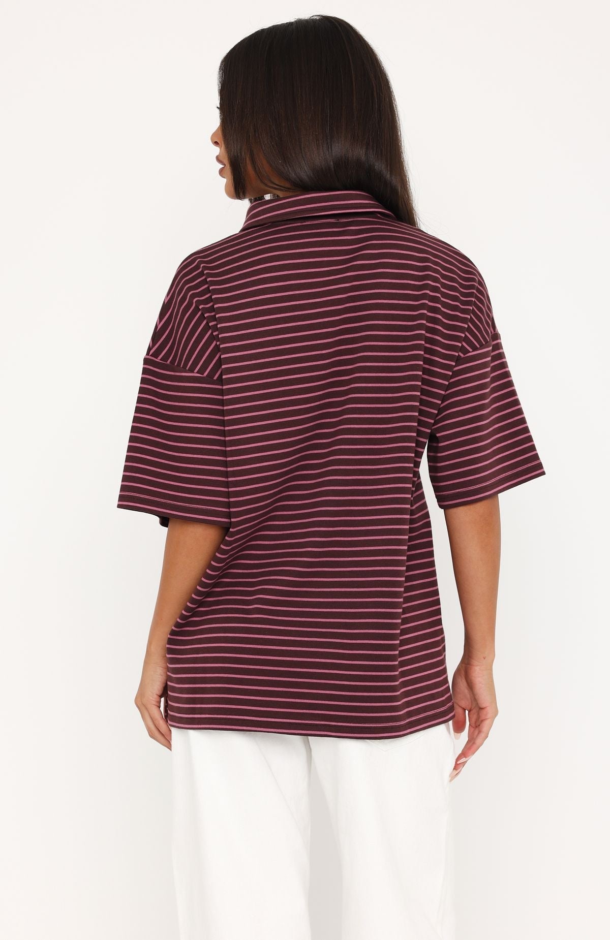 Pure Intent Oversized Short Sleeve Polo Shirt Choc / Pink Stripe