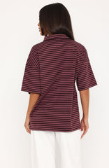 Pure Intent Oversized Short Sleeve Polo Shirt Choc / Pink Stripe