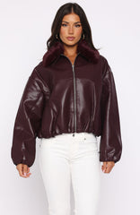 No Competition PU Bomber Jacket Burgundy