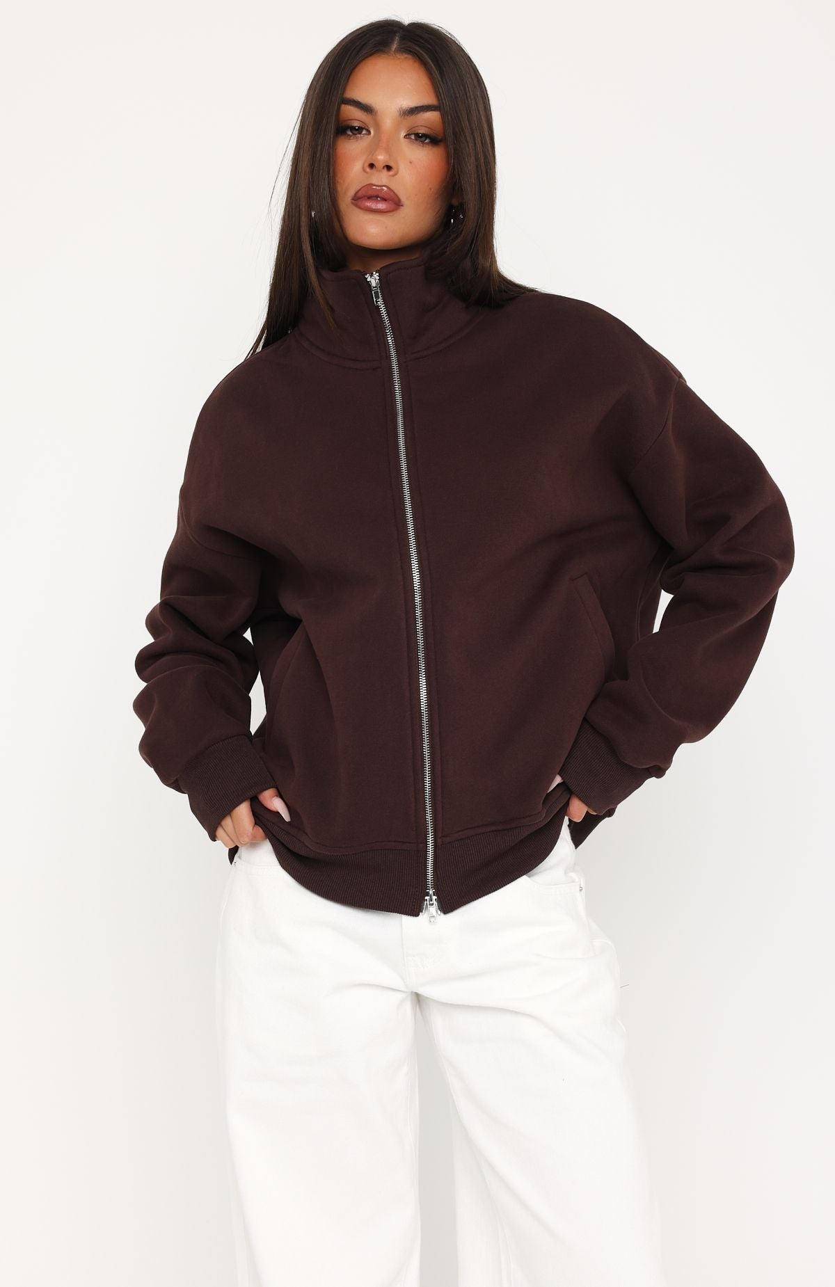 Such A Dream Oversized Zip Front Funnel Neck Jacket Chocolate