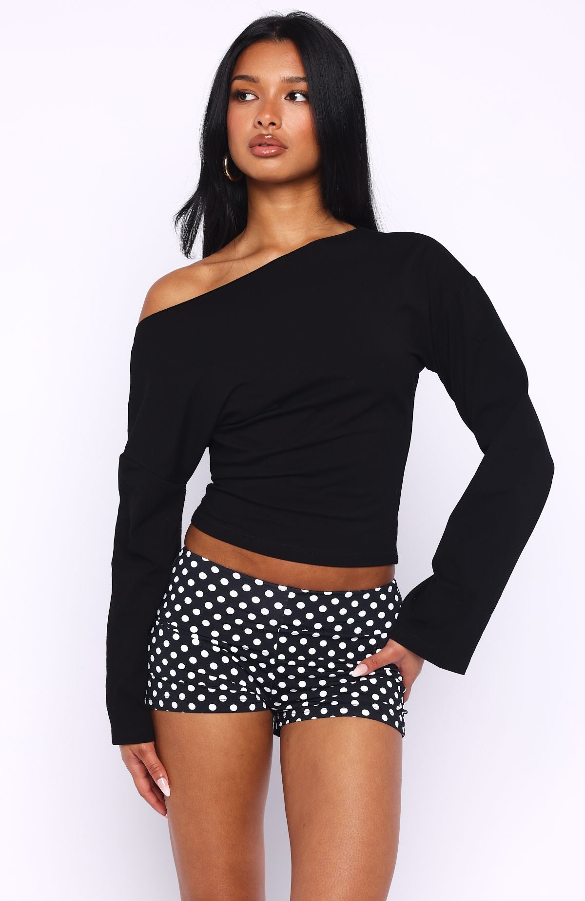 Falling For Him Cinched Waist Off Shoulder Long Sleeve Top Black