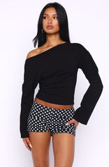 Falling For Him Cinched Waist Off Shoulder Long Sleeve Top Black