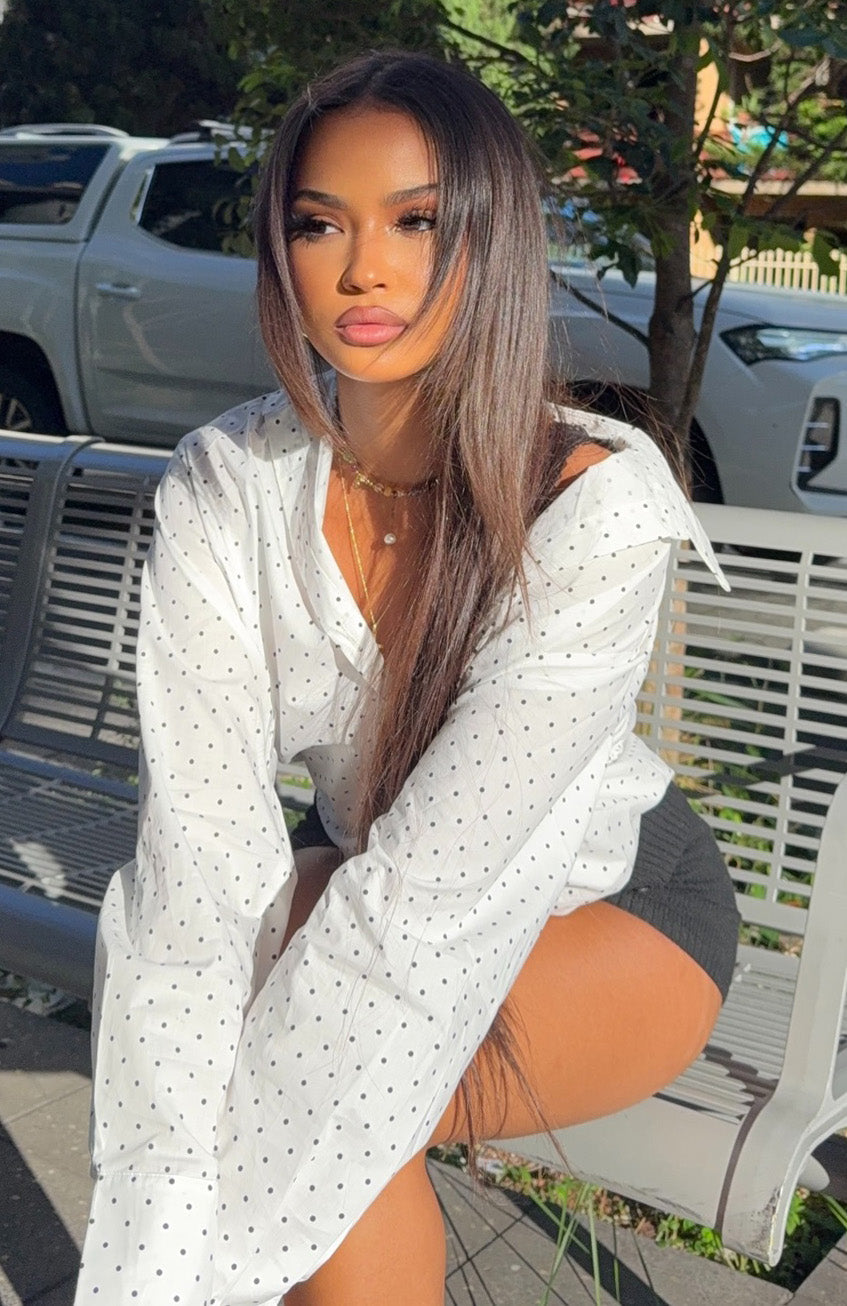 Always About Us Button Up Shirt White Polka Dot