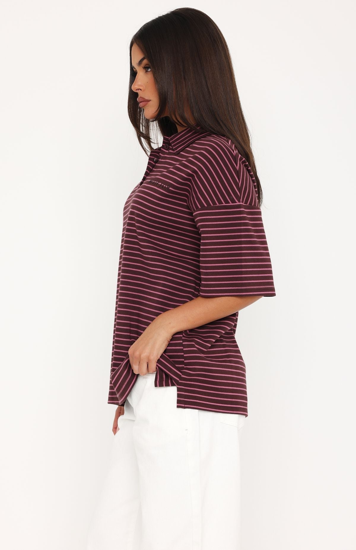 Pure Intent Oversized Short Sleeve Polo Shirt Choc / Pink Stripe