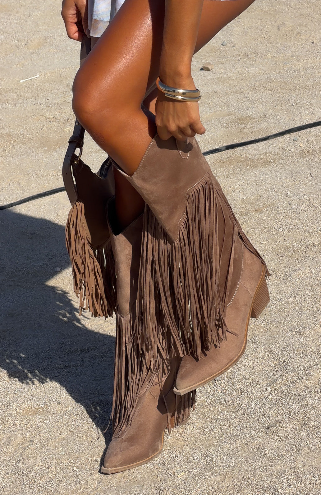 Iniko Cowboy Boot Taupe Faux Suede
