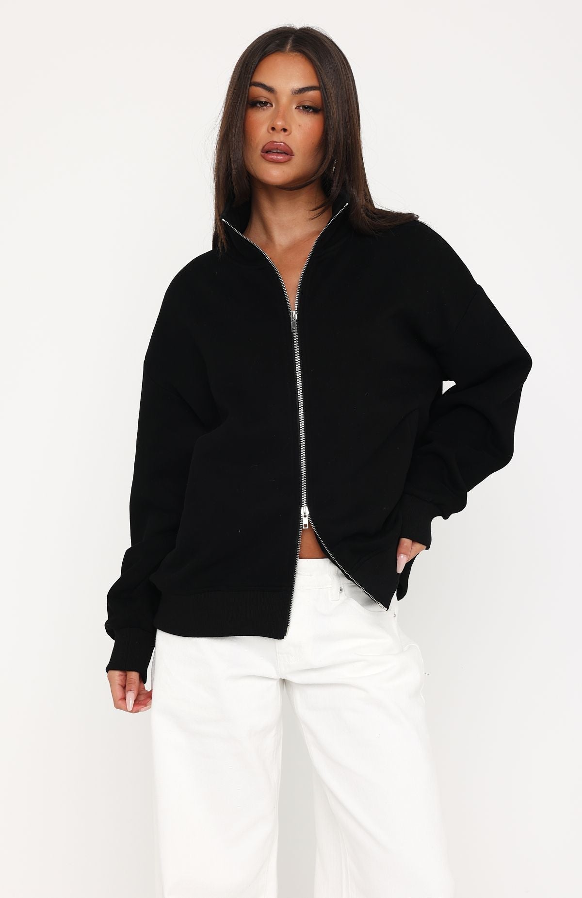 Such A Dream Oversized Zip Front Funnel Neck Jacket Black