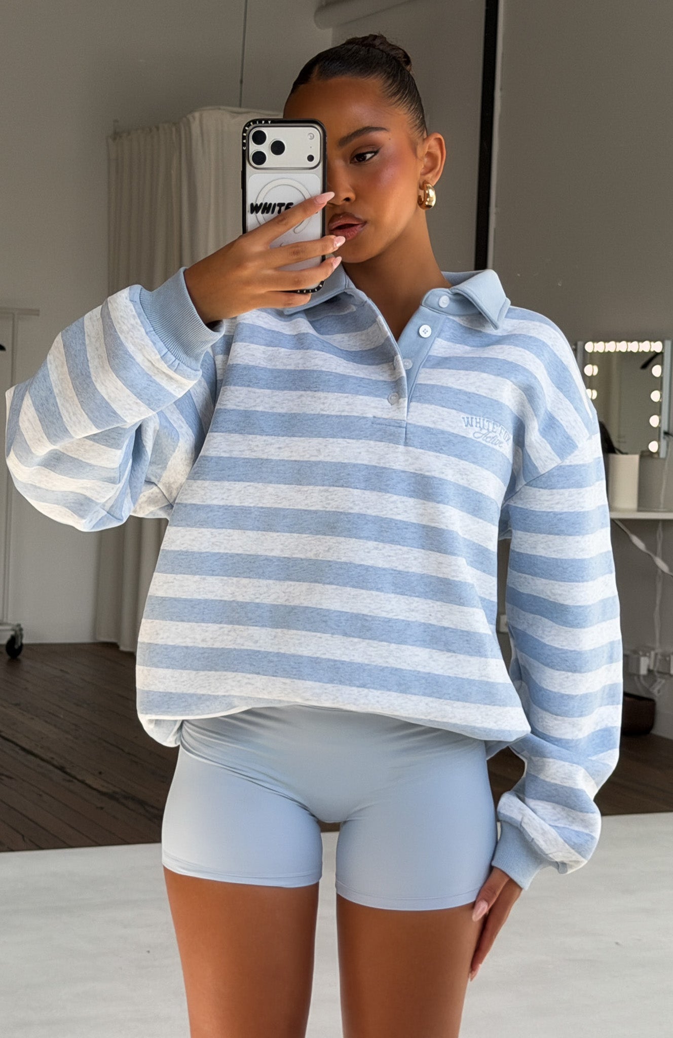 Best Influence Oversized Henley Sweater Grey Marle / Blue Stripe
