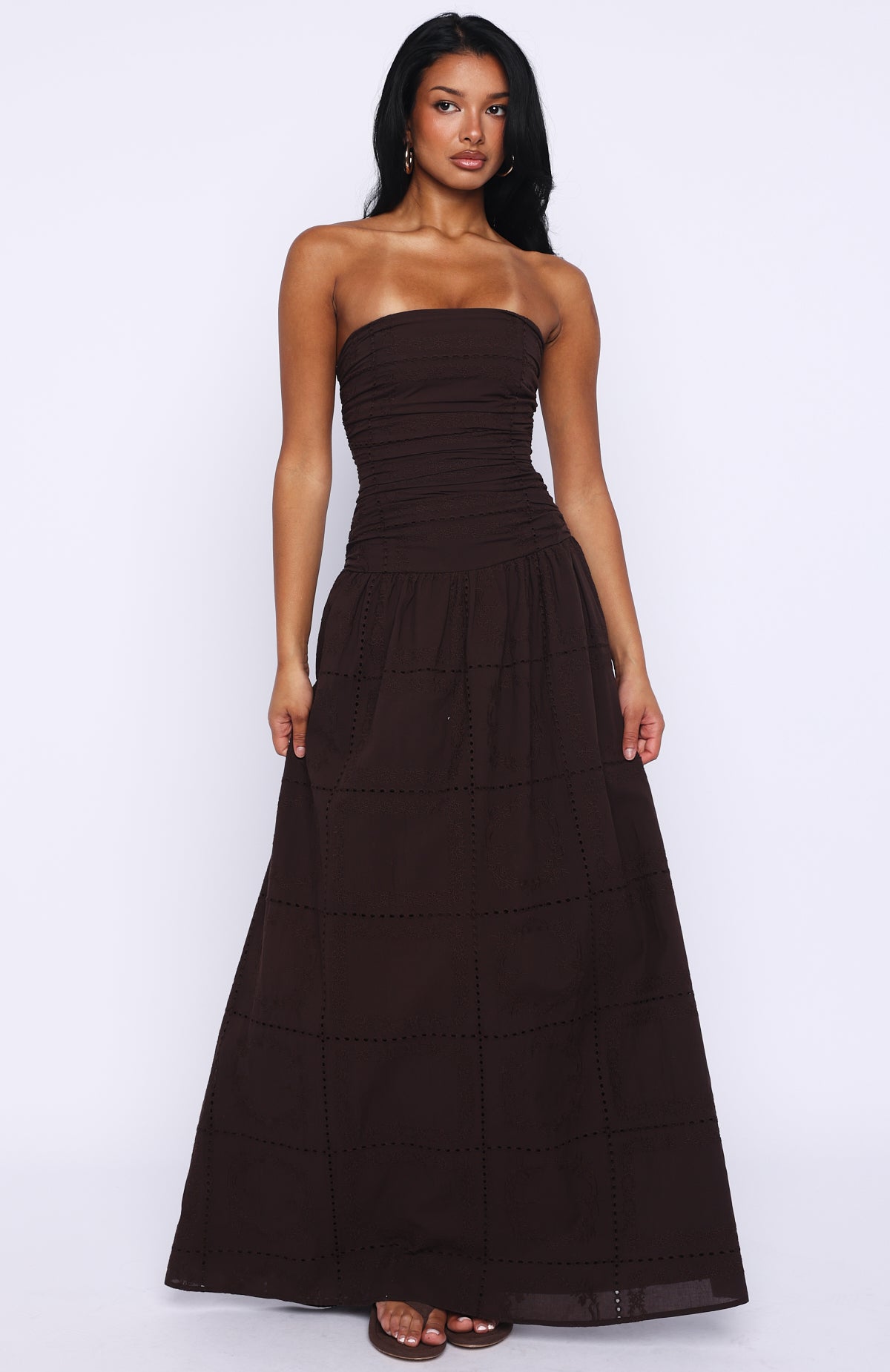 Bittersweet Babe Strapless Broderie Maxi Dress Chocolate