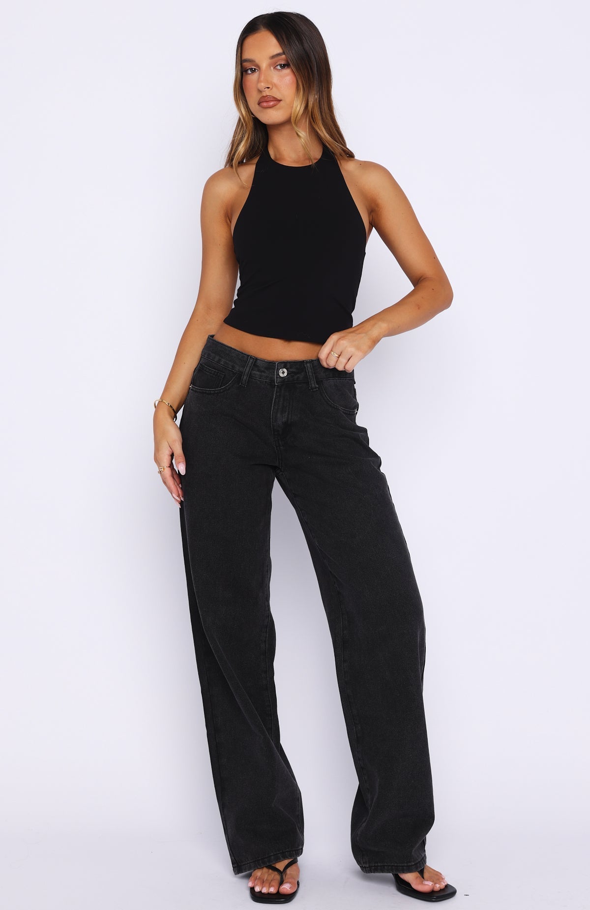 Bring The Style Low Rise Wide Leg Jeans Black Acid Wash