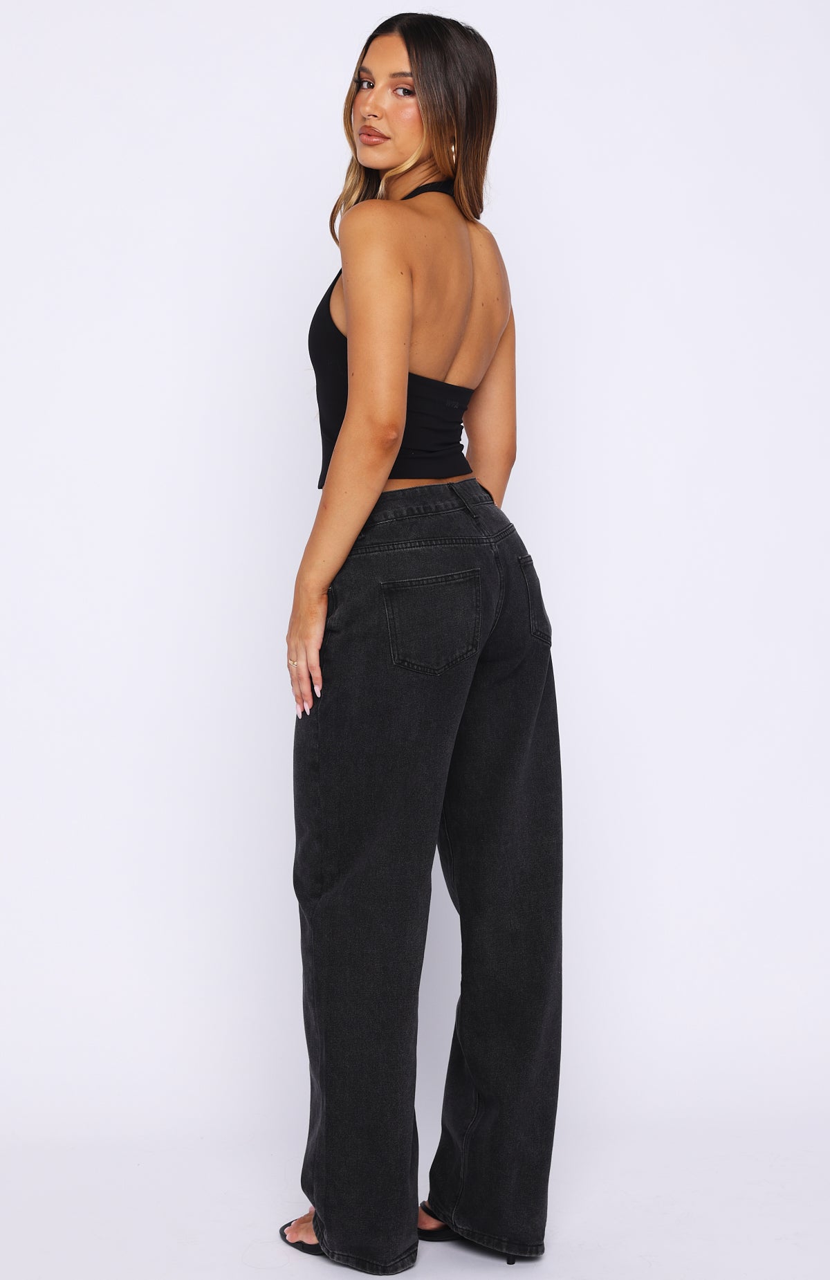 Bring The Style Low Rise Wide Leg Jeans Black Acid Wash