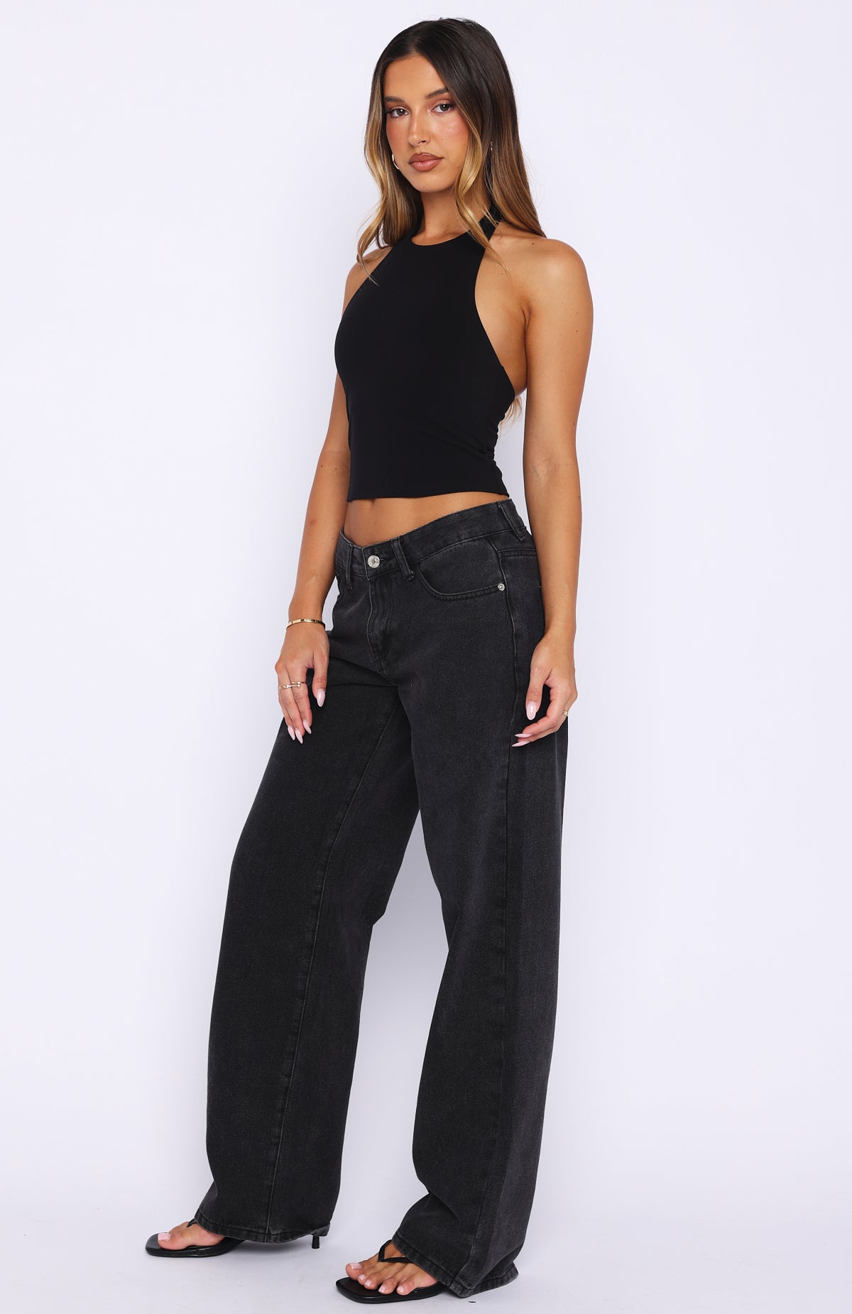 Bring The Style Low Rise Wide Leg Jeans Black Acid Wash