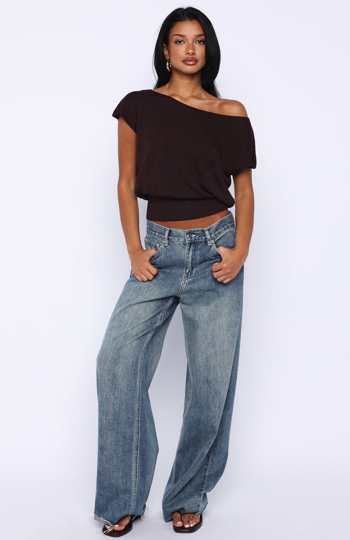 Can't Change My Mind Off Shoulder Cinched Top Chocolate