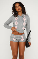 Candy Grid Argyle Knit Top Grey/Pink