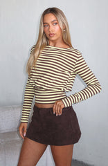 Catch My Heart Cinched Waist Long Sleeve Top Chocolate/Banana Stripe