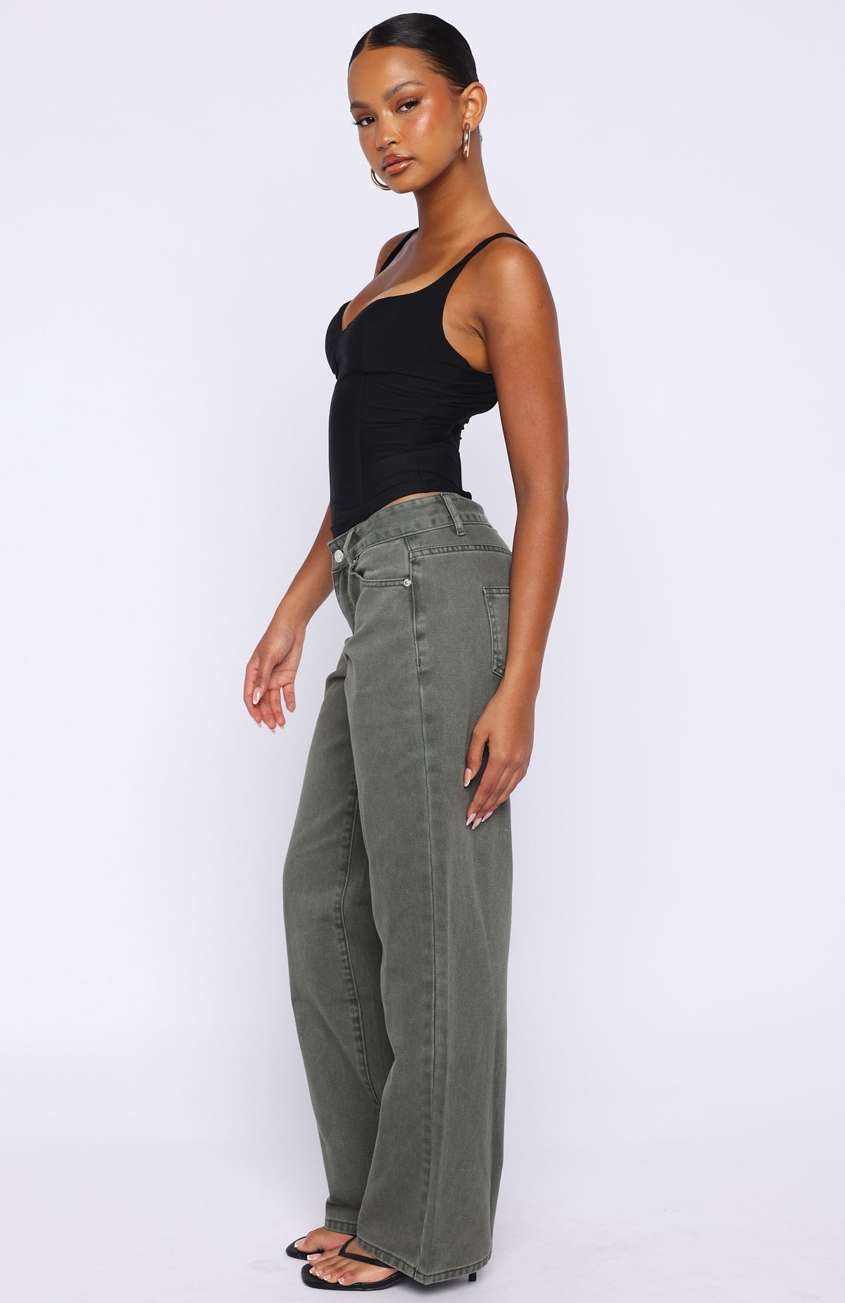 Bring The Style Low Rise Wide Leg Jeans Olive Wash